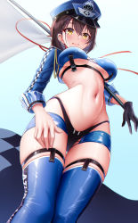Rule 34 | 1girl, absurdres, azur lane, baltimore (azur lane), baltimore (finish line flagbearer) (azur lane), bikini, black gloves, blue thighhighs, breasts, brown hair, flag, from below, gloves, hat, highres, holding, holding flag, large breasts, navel, official alternate costume, parted lips, peaked cap, police, police hat, police uniform, race queen, short hair, shrug (clothing), shuumatsu no uchuu, single glove, skindentation, sky, smile, solo, stomach, swimsuit, thighhighs, uniform, yellow eyes