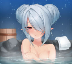 Rule 34 | 1girl, absurdres, blue archive, blush, bokuhakiyoshi, breasts, collarbone, completely nude, dark-skinned female, dark skin, double bun, grey hair, hair bun, hair over one eye, highres, iori (blue archive), medium breasts, nude, onsen, parted lips, partially submerged, pointy ears, portrait, red eyes, short hair, solo, towel, water, wet, white towel