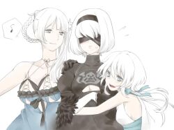 Rule 34 | 2b (nier:automata), 3girls, black blindfold, black hairband, blindfold, blue eyes, bow, breasts, choker, closed mouth, clothing cutout, commentary request, dress, gloves, hair ornament, hairband, kaine (nier), long hair, medium breasts, mole, mole under mouth, multiple girls, nier, nier:automata, nier (series), open mouth, puffy sleeves, saltysnow74, short hair, simple background, small breasts, smile, white background, white dress, white hair, yonah