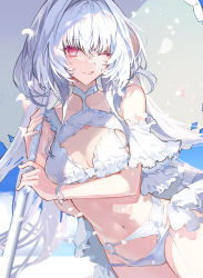 Rule 34 | 1girl, :q, bikini, collarbone, commentary request, fate/grand order, fate (series), frills, hair intakes, highres, holding, holding umbrella, lady avalon (second ascension) (fate), long hair, merlin (fate/prototype), lady avalon (fate), navel, one eye closed, parasol, petals, poppoman, red eyes, solo, swimsuit, tongue, tongue out, umbrella, white bikini, white hair