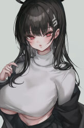 Rule 34 | 1girl, black hair, blue archive, blush, breasts, cropped sweater, eyelashes, grey background, hair ornament, halo, highres, jacket, large breasts, long hair, long sleeves, looking at viewer, navel, open clothes, open jacket, parted lips, r0 0ong, red eyes, rio (blue archive), simple background, solo, sweater, turtleneck, turtleneck sweater, underboob, upper body, white sweater