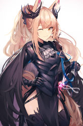 Rule 34 | 1girl, ;), absurdres, animal ear fluff, animal ears, arknights, armor, armored dress, ascot, black cape, black footwear, black thighhighs, blemishine (arknights), blemishine (moon catastrborn) (arknights), blonde hair, cape, closed mouth, cowboy shot, crown, gauntlets, grey ascot, hand on sheath, hand on weapon, highres, horse ears, horse girl, horse tail, long hair, looking at viewer, official alternate costume, one eye closed, orange eyes, pelvic curtain, penguin4, ponytail, sheath, sheathed, smile, solo, sword, tail, thighhighs, very long hair, weapon
