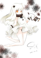 Rule 34 | 10s, 1girl, absurdres, abyssal ship, ahoge, bare legs, barefoot, black panties, firecrackers, highres, holding, horns, kantai collection, long hair, looking at viewer, mittens, motoi (kxbf123), northern ocean princess, open mouth, orange eyes, pale skin, panties, signature, sketch, solo, underwear, white hair