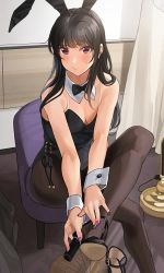 Rule 34 | 1girl, animal ears, bare shoulders, black bow, black bowtie, black footwear, black hair, black hairband, black nails, blush, bow, bowtie, breasts, commentary request, curtains, detached collar, fake animal ears, hairband, high heels, highres, indoors, leotard, long hair, looking at viewer, multicolored nails, nail polish, on chair, original, pantyhose, playboy bunny, purple eyes, purple nails, sitting, small breasts, solo, tipii, wrist cuffs