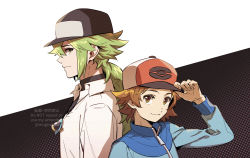 Rule 34 | 2boys, absurdres, black undershirt, blue jacket, brown eyes, brown hair, closed mouth, collared shirt, commentary request, creatures (company), game freak, green eyes, green hair, hand on headwear, hat, highres, hilbert (pokemon), jacket, jewelry, long hair, long sleeves, looking at viewer, male focus, mugiccha2, multiple boys, n (pokemon), necklace, nintendo, poke ball print, pokemon, pokemon bw, red headwear, shirt, short hair, smile, undershirt, upper body, white shirt