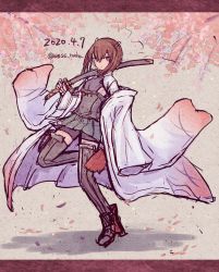 Rule 34 | 1girl, bike shorts, brown eyes, brown hair, cherry blossoms, closed mouth, dated, full body, headband, highres, holding, holding sword, holding weapon, kantai collection, petals, pleated skirt, rudder footwear, shadow, sheath, sheathed, short hair, shorts, shorts under skirt, skirt, solo, sword, taihou (kancolle), twitter username, weapon, wide sleeves, wss (nicoseiga19993411)