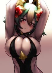 Rule 34 | 1girl, absurdres, bikini, black one-piece swimsuit, blush, breasts, cleavage, covered erect nipples, dark-skinned female, dark skin, fire emblem, fire emblem heroes, green hair, gupunetsu, highres, laegjarn (fire emblem), large breasts, looking at viewer, nintendo, official alternate costume, one-piece swimsuit, parted lips, red eyes, simple background, solo, swimsuit, upper body