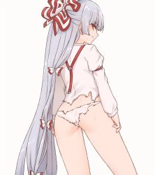 Rule 34 | 1girl, ass, blouse, bow, burnt clothes, commentary, from behind, frown, fujiwara no mokou, grey hair, hair bow, highres, long hair, long sleeves, looking at viewer, looking back, miyo (ranthath), no pants, panties, red eyes, shirt, simple background, solo, suspenders, sweat, torn clothes, torn shirt, touhou, underwear, very long hair, white background, white panties, white shirt