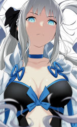 Rule 34 | 1girl, absurdres, black bow, black dress, blue choker, blue eyes, bow, braid, breasts, center opening, choker, cleavage, dress, fate/grand order, fate (series), french braid, frown, grey hair, hair bow, highres, large breasts, long hair, long sleeves, looking at viewer, morgan le fay (fate), ponytail, sidelocks, thighs, tochi keisuke, two-tone dress, very long hair, white dress