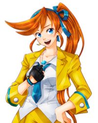 Rule 34 | 1girl, :d, ace attorney, athena cykes, bad id, bad pixiv id, black gloves, blue eyes, blue necktie, gloves, hand on own hip, jewelry, long hair, looking at viewer, maccha (jam513), necklace, necktie, open mouth, orange hair, partially fingerless gloves, phoenix wright: ace attorney - dual destinies, ponytail, single glove, smile, solo, white background