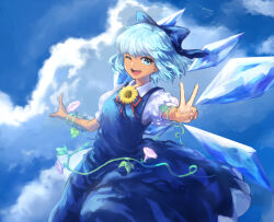Rule 34 | 1girl, blue bow, blue dress, blue eyes, blue hair, blue sky, bow, breasts, cirno, cloud, collared shirt, commentary request, dress, feet out of frame, flower, hair bow, hidden star in four seasons, ice, ice wings, looking at viewer, mogukk, neck ribbon, one eye closed, open mouth, pinafore dress, plant, puffy short sleeves, puffy sleeves, red ribbon, ribbon, shirt, short hair, short sleeves, sky, sleeveless, sleeveless dress, small breasts, smile, solo, sunflower, tan, tanned cirno, touhou, v, vines, white shirt, wings