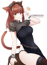 Rule 34 | 1girl, absurdres, animal ears, black bow, black dress, bow, breasts, brown eyes, brown hair, cat ears, cat tail, commentary, commission, covered navel, dress, facial mark, grin, hair bow, hand up, highres, large breasts, long hair, looking at viewer, original, pinepin, short sleeves, simple background, sitting, smile, solo, stool, tail, thighhighs, thighs, v, whisker markings, white background