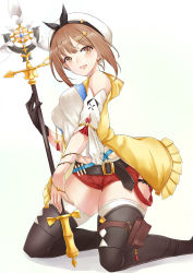 Rule 34 | 1girl, :d, asya, atelier (series), atelier ryza, atelier ryza 1, belt, blush, breasts, brown eyes, brown hair, feet out of frame, gloves, gradient background, hair ornament, hairclip, hat, highres, holding, holding staff, jewelry, kneeling, looking at viewer, medium breasts, navel, necklace, open mouth, pouch, red shorts, reisalin stout, short hair, short shorts, shorts, sidelocks, simple background, skindentation, smile, solo, staff, star (symbol), thigh strap, thighhighs, thighs, white hat