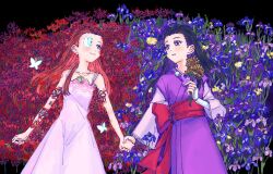 Rule 34 | 2girls, ace attorney, black background, black hair, blue flower, blush, braid, bug, butterfly, closed mouth, daffodil, dahlia hawthorne, dress, eye contact, flower, hanten (clothes), holding, holding flower, holding hands, insect, iris (ace attorney), japanese clothes, jewelry, long hair, long sleeves, looking at another, lying, magatama, magatama necklace, matching hairstyle, multiple girls, necklace, obi, on back, oyoyo pe, phoenix wright: ace attorney - trials and tribulations, red flower, red hair, red sash, sash, siblings, sisters, sleeveless, sleeveless dress, smile, spider lily, sunflower, symmetry, twins, white butterfly, white dress