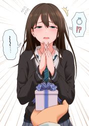 Rule 34 | 1girl, 1other, aojiroi fokkusu, blush, brown hair, cardigan, earrings, gift, green eyes, highres, idolmaster, idolmaster cinderella girls, jewelry, long hair, necklace, necktie, open mouth, own hands together, ring, school uniform, shibuya rin, simple background, skirt, speech bubble, white background