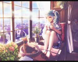 Rule 34 | 1girl, bare legs, barefoot, blue hair, bonsai, building, cat, city, cityscape, coffee mug, cup, curtains, cushion, dress, expressionless, flower, flower pot, full body, holding, holding cup, indoors, knees up, legs, legs together, long hair, looking afar, looking to the side, mug, original, plant, potted plant, puffy short sleeves, puffy sleeves, purple dress, red eyes, scrunchie, short dress, short sleeves, side ponytail, sitting, solo, soujirou, steam, stuffed animal, stuffed rabbit, stuffed toy, sunlight, window, window shadow