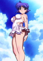 Rule 34 | 1girl, banpresto, blue hair, blush, casual one-piece swimsuit, circlet, day, earrings, from behind, highres, jewelry, looking down, one-piece swimsuit, purple eyes, sidelocks, skindentation, solo, super robot wars, super robot wars the lord of elemental, swimsuit, white one-piece swimsuit, xenia grania bilseia, yadokari genpachirou