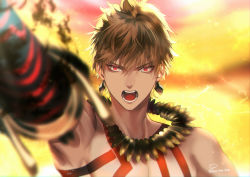 Rule 34 | 1boy, blonde hair, bodypaint, earrings, fate/grand order, fate (series), gilgamesh (fate), holding, holding weapon, jewelry, looking at viewer, male focus, necklace, open mouth, red eyes, sakura hitsuji, short hair, signature, solo, tattoo, tooth necklace, twitter username, upper body, weapon