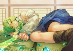 Rule 34 | 1girl, bare shoulders, blurry, blurry background, detached sleeves, fingernails, frog hair ornament, green eyes, green hair, hair ornament, hair spread out, hair tubes, highres, kochiya sanae, korukua, light smile, long hair, looking at viewer, lying, marble (toy), on side, perspective, skirt, snake hair ornament, solo, tatami, touhou, very long hair