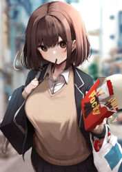 Rule 34 | 1girl, bag, black jacket, black skirt, blazer, blurry, blurry background, blush, breasts, brown eyes, brown hair, brown sweater, collarbone, collared shirt, commentary request, depth of field, dress shirt, food, food in mouth, hair between eyes, holding, jacket, long sleeves, looking at viewer, medium breasts, minato yu, mouth hold, open clothes, open jacket, original, plastic bag, pleated skirt, pocky, school bag, school uniform, shirt, skirt, sleeves past wrists, solo, sweater, valentine, white shirt