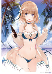 Rule 34 | 1girl, :d, artist name, bare shoulders, beach, bikini, blue bikini, blue choker, blue sky, blunt bangs, blush, bottle, braid, breasts, brown hair, butterfly hair ornament, choker, cleavage, cloud, copyright request, cowboy shot, day, frilled bikini, frilled sleeves, frills, hair ornament, highres, holding, holding bottle, horizon, jacket, long sleeves, looking at viewer, medium breasts, navel, ocean, open clothes, open jacket, open mouth, outdoors, page number, palm tree, purple eyes, round teeth, scan, short hair, sidelocks, skindentation, sky, sleeves past wrists, smile, solo, stomach, swimsuit, teeth, thigh strap, tree, upper teeth only, white jacket, yadapot