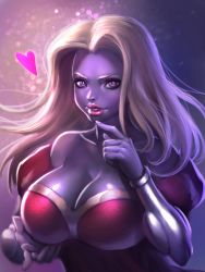 Rule 34 | 1girl, bare shoulders, blonde hair, breasts, cleavage, colored skin, creatures (company), female focus, game freak, gen 1 pokemon, heart, highres, humanization, jynx, large breasts, lips, lipstick, long hair, looking at viewer, makeup, nintendo, parted lips, personification, pokemon, purple eyes, purple skin, simple background, smile, solo, upper body, yuwei li