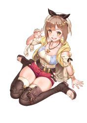 Rule 34 | 1girl, :d, atelier (series), atelier ryza, atelier ryza 1, belt, beret, blush, breasts, brown eyes, brown footwear, brown hair, brown thighhighs, cleavage, collarbone, commentary, from above, full body, hair ornament, hair ribbon, hairclip, hat, highres, hip vent, hood, hooded jacket, jacket, jewelry, kabu (niniko2ko), looking at viewer, medium breasts, necklace, open clothes, open jacket, open mouth, parted bangs, red shorts, reisalin stout, ribbon, sandals, shirt, short hair, short shorts, shorts, simple background, sitting, skindentation, smile, solo, star (symbol), star necklace, thighhighs, thighs, transparent background, wariza, white background, white hat, wristband, yellow jacket