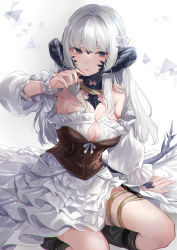 Rule 34 | 1girl, au ra, warrior of light (ff14), bare shoulders, black footwear, blue eyes, blunt bangs, boots, breasts, cleavage, cleavage cutout, clothing cutout, corset, detached sleeves, dragon horns, dragon tail, dress, final fantasy, final fantasy xiv, flower, frilled dress, frills, grey hair, hair flower, hair ornament, hand up, highres, horn ornament, horn ring, horns, karurururuun, knee boots, long hair, looking to the side, parted lips, puffy sleeves, scales, seiza, sidelocks, sitting, solo, square enix, tail, thigh strap, white background, white dress, wrist cuffs, yellow collar
