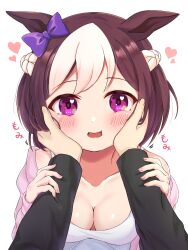 Rule 34 | 1girl, 1other, animal ears, blush, breasts, brown hair, casual, cleavage, collarbone, commentary request, face hold, heart, heart in eye, highres, horse ears, horse girl, looking at viewer, medium breasts, medium hair, mochitsuki wataame, pov, pov hands, simple background, solo focus, special week (umamusume), symbol in eye, trainer (umamusume), umamusume, white background