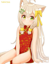 Rule 34 | 1girl, absurdres, ahoge, animal ear fluff, animal ears, arm at side, arm support, artist name, bare shoulders, between legs, blonde hair, blush, bow, cat ears, cat girl, cat tail, china dress, chinese clothes, closed mouth, covered navel, dress, female focus, fish hair ornament, floral print, green eyes, hair bow, hair ornament, hairclip, hand between legs, happy, hazakura hinata, heterochromia, highres, long hair, looking at viewer, original, pelvic curtain, red dress, shiny skin, sidelocks, signature, simple background, sitting, sleeveless, sleeveless dress, smile, solo, split mouth, tail, thighs, white background, yellow bow, yellow eyes