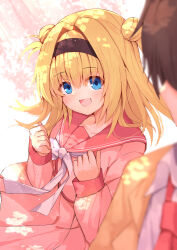 Rule 34 | 1boy, 1girl, :d, absurdres, black hairband, blonde hair, blue eyes, blurry, blush, brother and sister, chitose haruki, chitose sana, clenched hands, commentary request, cowboy shot, dappled sunlight, day, depth of field, double bun, eyes visible through hair, floating hair, hair between eyes, hair bun, hair intakes, hairband, hands up, happy, highres, light particles, light rays, long hair, long sleeves, looking at another, looking at viewer, nodoameyatou, open mouth, outdoors, pink shirt, pink skirt, red sailor collar, ribbon, sailor collar, school uniform, serafuku, shirt, siblings, skirt, smile, sunbeam, sunlight, tenshinranman, two side up, white ribbon
