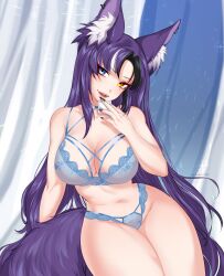 1girl absurdres animal_ear_fluff animal_ears artist_name awful_queen_(vtuber) black_nails breasts fox_tail heterochromia highres indie_virtual_youtuber lanhai large_breasts long_hair looking_at_viewer mole mole_under_eye monster_girl nail_polish parted_lips purple_hair tail thick_thighs thighs underwear