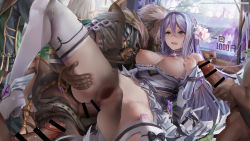 Rule 34 | 1girl, anal, bar censor, boots, breasts, censored, controller, dildo, double penetration, ecchi1008816, egg vibrator, group sex, hair between eyes, hetero, highres, invisible man, large breasts, mosaic censoring, multiple boys, multiple penises, nipple stimulation, nipples, penis, pointy ears, princess connect!, public use, purple hair, pussy, rape, remote control, remote control vibrator, ribbon, sex, sex toy, shizuru (princess connect!), skirt, spread legs, thighhighs, threesome, vibrator, vibrator on nipple, white ribbon