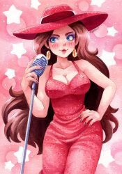 Rule 34 | 1girl, artist name, bare arms, bare shoulders, breasts, cleavage, collarbone, commentary, dangle earrings, donkey kong (series), dress, earrings, eyeshadow, fedora, gold earrings, halter dress, halterneck, hat, highres, jewelry, large breasts, makeup, mario (series), microphone, mystar21, nintendo, pauline (mario), purple eyeshadow, red hat, red lips, red nails, solo, spaghetti strap, super mario odyssey, twitter username