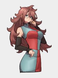 Rule 34 | 1girl, android 21, blue eyes, breasts, checkered clothes, checkered dress, dragon ball, dragon ball fighterz, dress, glasses, grey background, hair between eyes, jewelry, kemachiku, long hair, looking at viewer, medium breasts, red hair, ring, simple background, solo