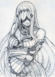Rule 34 | 10s, 1girl, abyssal ship, aircraft carrier water oni, breast lift, breasts, dress, evil smile, graphite (medium), hair over eyes, hairband, hip focus, kantai collection, large breasts, lips, long hair, monochrome, neckerchief, ribbed dress, shaded face, shirubaburu, simple background, sketch, smile, solo, traditional media, very long hair, white background