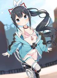 Rule 34 | 1girl, absurdres, animal ear headphones, animal ears, bad id, bad pixiv id, bare shoulders, bikini, black hair, blue eyes, blue jacket, blue sky, blurry, blurry background, blush, breasts, cat ear headphones, cat ears, closed mouth, cloud, commentary request, day, depth of field, enoch (soul worker), fake animal ears, front-tie bikini top, front-tie top, hair between eyes, headphones, highres, jacket, long hair, long sleeves, looking at viewer, noria, off shoulder, outdoors, see-through, side ponytail, sky, sleeves past wrists, small breasts, smile, solo, soulworker, sparkle, standing, standing on one leg, striped bikini, striped clothes, swimsuit, thighhighs, very long hair, white thighhighs