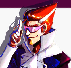 Rule 34 | 00s, 1boy, closed mouth, coat, holysnow, index finger raised, long sleeves, male focus, multicolored hair, red hair, scryed, simple background, smirk, solo, straight cougar, streaked hair, sunglasses, thick eyebrows, upper body, white background, white coat, white hair, wrap-around shades