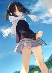 Rule 34 | 1girl, ass, black hair, blazer, blue sky, blurry, blush, chain-link fence, clenched hand, cloud, day, depth of field, dutch angle, fence, fringe trim, from behind, jacket, kamizaki hibana, kneepits, looking at viewer, looking back, no panties, original, outdoors, parted lips, plaid, plaid skirt, pleated skirt, purple eyes, scarf, school uniform, skirt, sky, solo, standing, twintails