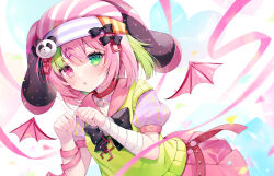 Rule 34 | absurdres, bandages, collar, demon girl, demon wings, green hair, hand on own chest, hat, heterochromia, highres, ice (ice), original, pink hair, pink headwear, pink ribbon, ribbon, wings