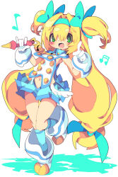 Rule 34 | 1girl, arc system works, armpits, blazblue, blonde hair, blue skirt, blush, dangomushi, fang, flat chest, gloves, green eyes, heart, heart-shaped pupils, long hair, musical note, navel, open mouth, platinum the trinity, skin fang, skirt, solo, symbol-shaped pupils, twintails, very long hair, wand, white gloves