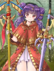 Rule 34 | 1girl, absurdres, alternate weapon, bead necklace, beads, blunt bangs, blurry, blurry background, bracelet, brown capelet, brown coat, capelet, circlet, coat, cowboy shot, dragon girl, dragon wings, dress, dual wielding, facing viewer, female focus, fire emblem, fire emblem: the sacred stones, fire emblem heroes, fringe trim, gold trim, green wings, hair ornament, hair tie, high-low skirt, highres, holding, hood, jewelry, lance, light particles, light smile, long hair, looking at viewer, midorinor, multi-tied hair, multicolored clothes, multicolored coat, myrrh (fire emblem), necklace, nintendo, official alternate costume, pale skin, polearm, power connection, purple hair, red coat, red eyes, shiny skin, short dress, smile, solo, spear, standing, sword, temple, thighs, trait connection, twintails, veil, weapon, white dress, wings, wristband, yellow wings
