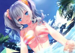 Rule 34 | 1girl, absurdres, beach, beach umbrella, bikini, blue eyes, blush, breasts, carnelian, cleavage, cloud, collarbone, day, dutch angle, hair between eyes, halterneck, highres, kantai collection, kashima (kancolle), large breasts, long hair, looking at viewer, orange bikini, palm tree, parted lips, scan, scrunchie, silver hair, solo, sparkle, striped bikini, striped clothes, sunlight, swimsuit, tree, twintails, umbrella, upper body, wading, water drop, wavy hair