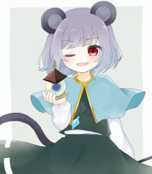 Rule 34 | 1girl, animal ears, belt, blue cape, blush, border, cape, crystal, dress, eyes visible through hair, green background, green dress, grey hair, hand up, highres, long sleeves, looking at viewer, mouse ears, mouse tail, nazrin, one eye closed, open mouth, pagoda, red eyes, short hair, simple background, smile, solo, standing, tail, touhou, umi (nana spring), white belt, white border, white sleeves