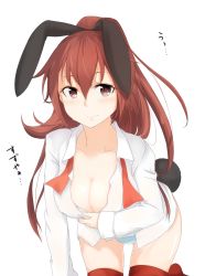 Rule 34 | 10s, 1girl, all fours, animal ears, bad id, bad pixiv id, blush, breasts, brown eyes, brown hair, cleavage, dress shirt, highres, kantai collection, kumano (kancolle), long hair, looking at viewer, mafuyu no mo, open clothes, open shirt, panties, ponytail, rabbit ears, rabbit tail, shirt, solo, striped clothes, striped panties, tail, tears, thighhighs, underwear
