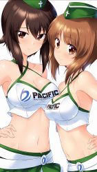 Rule 34 | 2girls, blush, breasts, brown eyes, brown hair, cleavage, closed mouth, collarbone, girls und panzer, green headwear, groin, hand on own hip, hat, highres, kuzuryuu kennosuke, large breasts, looking at viewer, midriff, multiple girls, navel, nishizumi maho, nishizumi miho, race queen, shiny clothes, shiny skin, short hair, siblings, sideboob, simple background, sisters, smile, upper body, white background