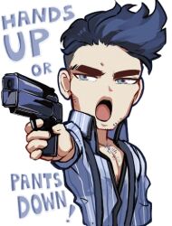 Rule 34 | 1boy, bara, blue eyes, blue hair, chibi, collared shirt, danyal baron, fairytale police hoe department, gun, holding, holding gun, holding weapon, idoraad, looking ahead, male focus, open mouth, pectoral cleavage, pectorals, pointing gun, shirt, solo, striped clothes, striped shirt, thick eyebrows, tongue, transparent background, upper body, weapon