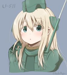 Rule 34 | 10s, 1girl, blonde hair, blue eyes, character name, cropped jacket, eyebrows, garrison cap, giorgio claes, hair ornament, hand in own hair, hat, highres, kantai collection, long hair, looking at viewer, military, military uniform, simple background, solo, twitter username, u-511 (kancolle), uniform, upper body