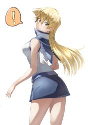 Rule 34 | !, 1girl, blonde hair, blue sailor collar, blue skirt, breasts, cowboy shot, duel academy uniform (yu-gi-oh! gx), floating hair, from behind, highres, jacket, long hair, looking at viewer, looking back, medium breasts, miniskirt, parted lips, rourou ill, sailor collar, simple background, skirt, sleeveless, sleeveless jacket, solo, speech bubble, standing, straight hair, tenjouin asuka, very long hair, white background, white jacket, yellow eyes, yu-gi-oh!, yu-gi-oh! gx