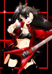 Rule 34 | 00s, 1girl, black hair, blue eyes, breasts, earrings, fate/stay night, fate (series), gibson flying v, guitar, instrument, jewelry, lingerie, long hair, mikami mika, open mouth, plectrum, skirt, solo, thighhighs, tohsaka rin, underwear